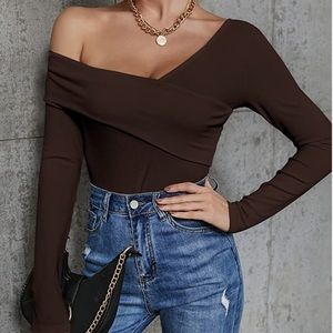 Sexy Off The Shoulder Wrap Ribbed Knit Tee Wrap CrossOver Style